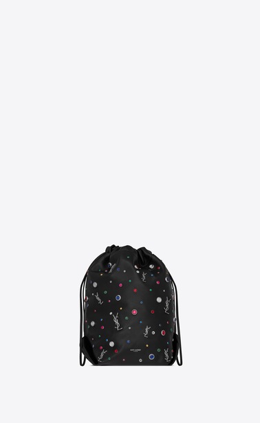 SAINT LAURENT Bucket Bag Damen TEDDY Tasche aus schwarzem Leder mit bunten Kristallen und silberfarbenem YSL b_V4